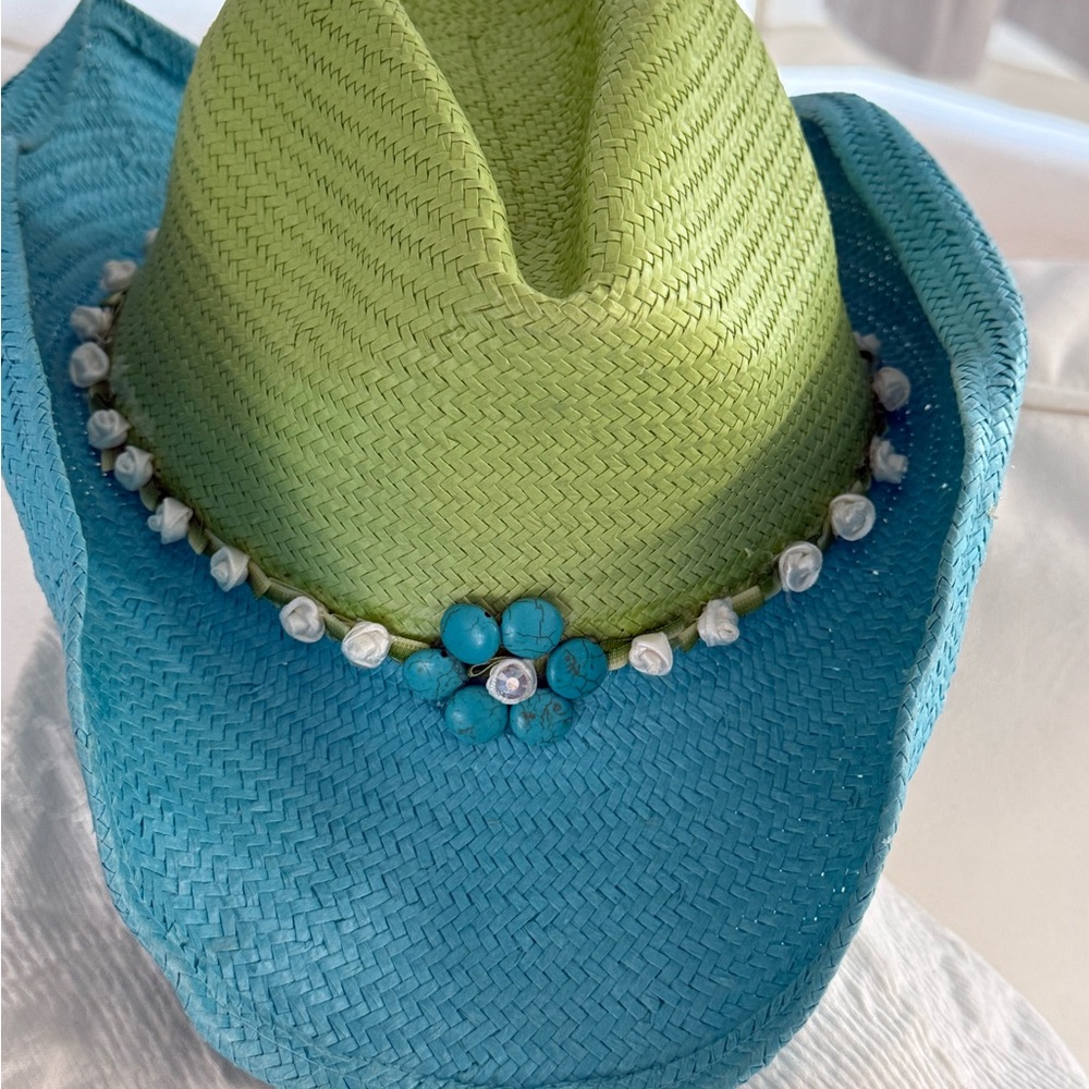Vintage Green and Blue Straw Hat with Floral Accent
